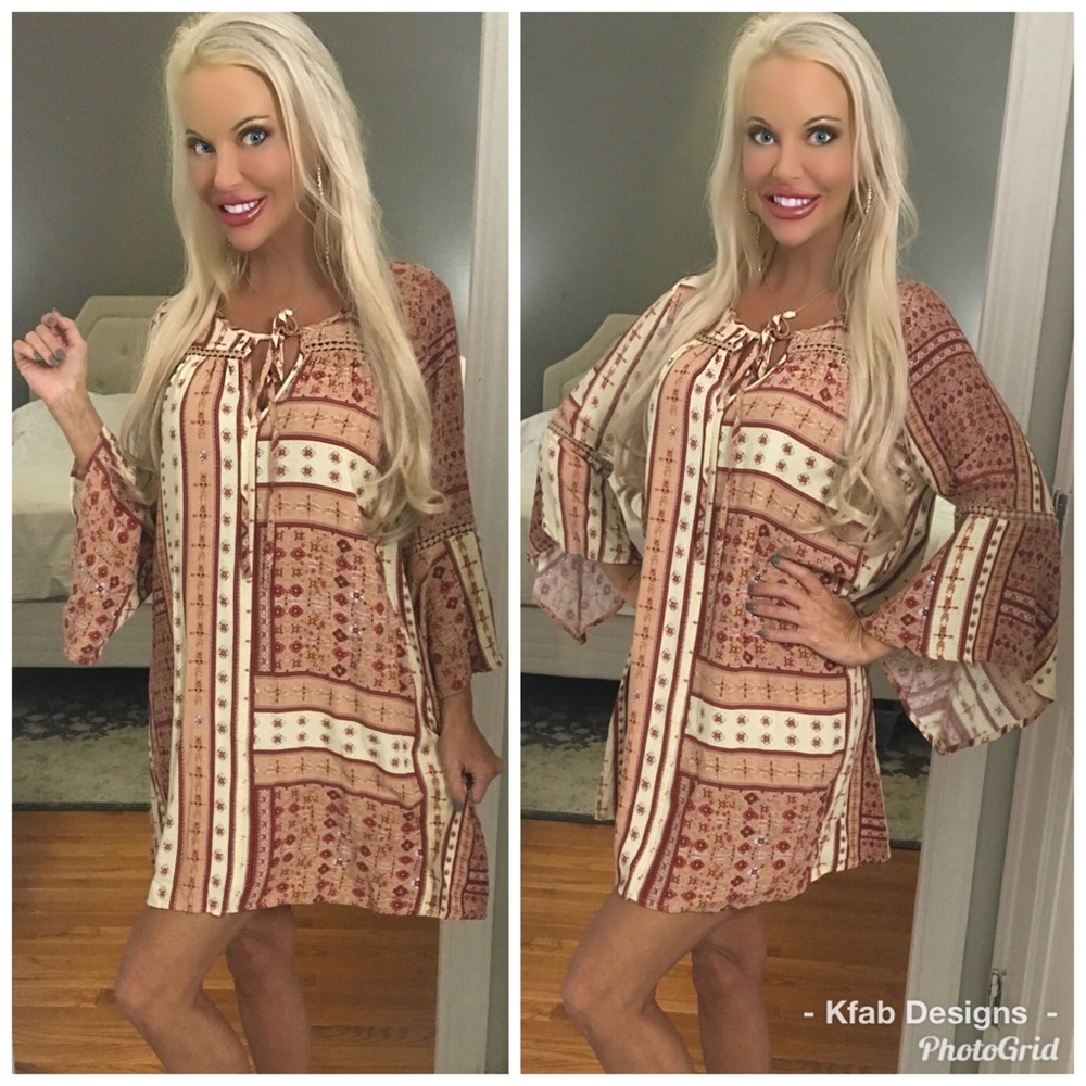 LAST 1! Boho Gorgeous Blush/Melon bell sleeve dress - Picture 3 of 3